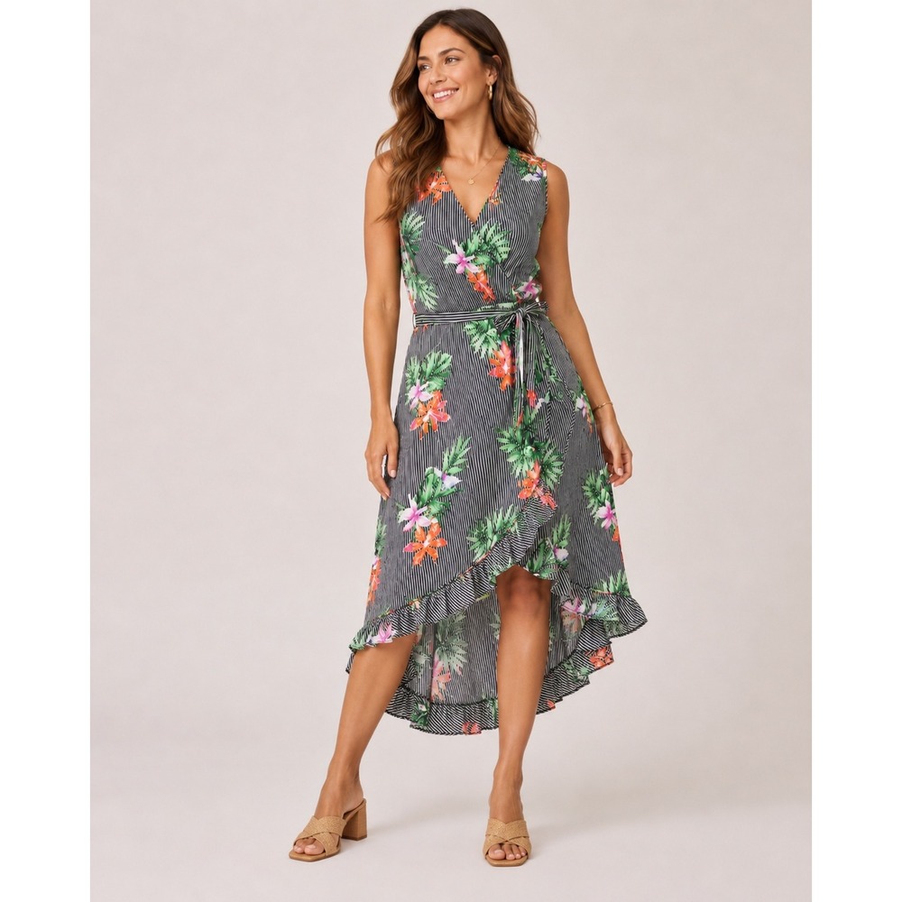 Who What Wear Womens Floral Striped Wrap Dress High Low‎ Ruffle Hem Small Black